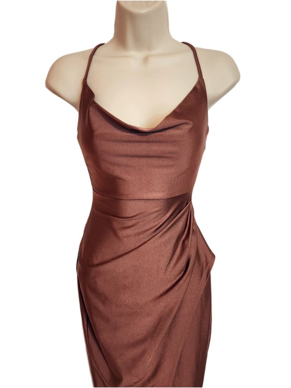 Windsor Satin Spaghetti Strap Asymmetrical Split Party Midi Dress Brown X-Small - Picture 3 of 10